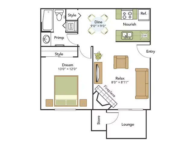 1 Bed, 1 Bath A Upgraded 2E-E302 floor plan